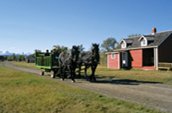 Des visiteurs à bord d’un wagon tiré par des percherons. / Photo: Parcs Canada.