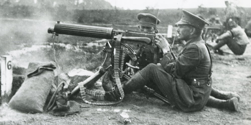 Killing technologies improved exponentially during the Great War. Here, a Canadian soldier practices firing a machine gun. Soon, he would be mowing down waves of enemy troops at the front.